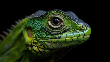 Obraz premium Close-up of a vibrant green iguana head. Detailed view of the reptile's scales, eye, and snout against a dark background