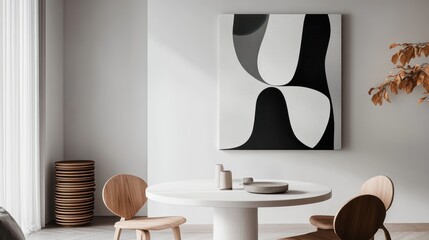 A minimalist dining corner with a round white table, stackable wooden chairs, and a monochrome abstract wall art piece