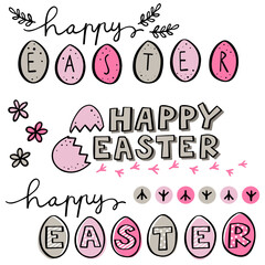 happy easter wishes colorful hand drawn header   original typographic text with illustrated elements isolated on white background