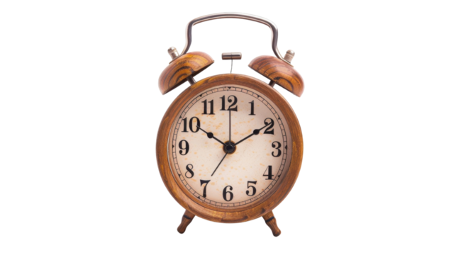 Vintage wooden alarm clock showing time on transparent background