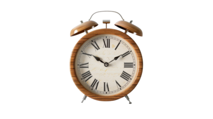 Wooden alarm clock showing time on transparent background