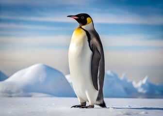 Fototapeta premium Emperor Penguin in Winter: A majestic emperor penguin stands proudly on a snowy expanse against a backdrop of the icy Antarctic landscape, exuding grace and resilience.