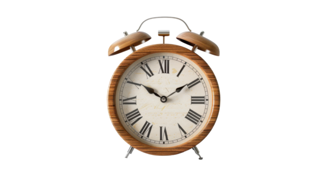 Wooden alarm clock showing time on transparent background
