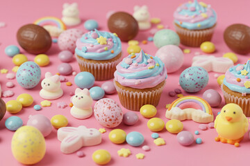 Close-up of a colorful Easter candy explosion on a pastel pink background