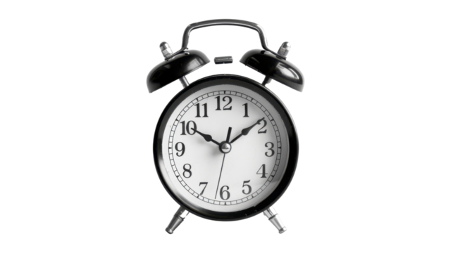 Black alarm clock on transparent background showing time