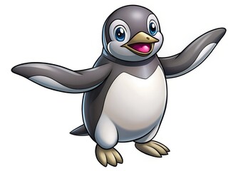 Obraz premium Playful Penguin Portrait: A charming cartoon penguin with expressive eyes and an open beak, wings outstretched in a gesture of welcome.