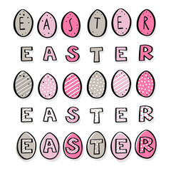 happy easter colorful doodle card with hand drawn painted eggs and english original typographic text; square composition with illustrated elements isolated on white background