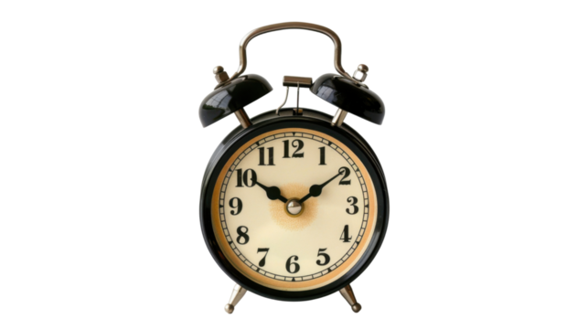 Vintage alarm clock showing time on transparent background