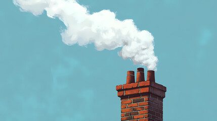 A rustic brick chimney emitting white smoke against a clear blue sky, symbolizing warmth and comfort of home. Wraithstone Core. Illustration