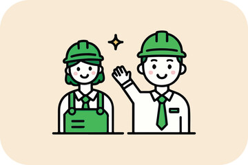 Two Friendly Workers Waving Hello, Wearing Safety Helmets and Uniforms