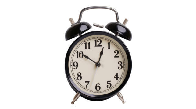 Black alarm clock showing time on transparent background