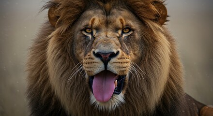 Obraz premium Majestic Lion Portrait with Open Mouth and Intense Gaze Staring Forward