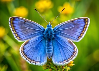Vibrant Blue Butterfly: A close-up shot of a stunning blue butterfly with intricate patterns, showcasing the delicate details of its wings, set against a backdrop of soft, natural bokeh.