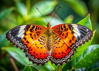Obraz premium Exquisite Butterfly on green Leaves: A close-up shot captures the stunning beauty of an orange, black, and white butterfly with intricate patterns gracefully resting on a vibrant green leaf.