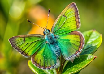 Emerald Butterfly on Leaf: An extraordinary macro shot of a vibrant butterfly with emerald-green wings, perfectly poised on a verdant leaf.