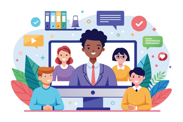 A vibrant illustration showcases a webinar with diverse participants engaged in a virtual discussion, Webinar Customizable Disproportionate Illustration