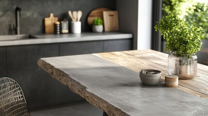 A modern kitchen-dining space featuring concrete countertops, a reclaimed wood table, and minimal accessories