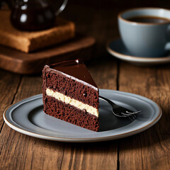 A delicious homemade chocolate cake slice presented on a plate.
