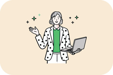 Confident Woman with Laptop Presenting, Explaining with Open Gesture