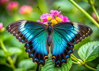 Jewel-toned Butterfly: A vibrant blue butterfly delicately perched atop a cluster of pink blossoms, its intricate wings and exquisite details a testament to nature's artistry.