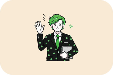 Friendly Businessman with Green Hair Waving Hello, Holding Tablet