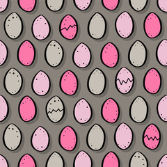 WebColorful easter eggs in horizontal rows with some cracked eggs spring season holiday vector seamless pattern isolated on dark background