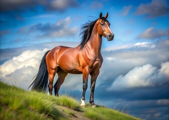 Obraz premium Majestic Horse on Hill: A stunning brown horse stands proudly atop a grassy hill, a symbol of power and freedom against a dramatic sky. Capturing the essence of grace, elegance, and untamed spirit.