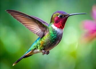 Fototapeta premium Emerald Wings: A Ruby-throated Hummingbird is captured mid-flight, displaying its iridescent green and red plumage against a blurred background.