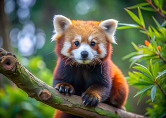 Red Panda Stare: A captivating close-up showcases a red panda perched serenely on a branch, its warm, vibrant fur and captivating eyes drawing the viewer in. The composition, bathed in soft light.