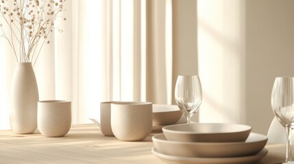 A neutral table setting with soft beige tones, ceramic tableware, and a light wooden table bathed in gentle natural light