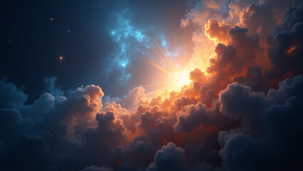 Fototapeta premium Celestial Light Burst Illuminating Dramatic Space Clouds in Starry Sky