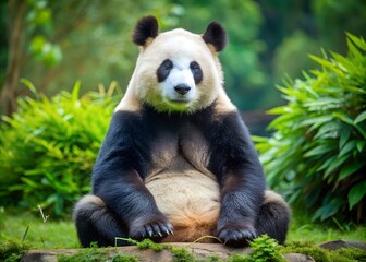 Obraz premium Giant Panda in a Peaceful Pose: A captivating view of a giant panda sitting comfortably in its natural habitat, a bamboo forest. This moment reveals the serene expression of the panda.
