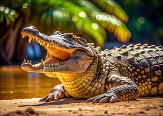 Obraz premium Dangerous Glance of the Nile Crocodile: A captivating close-up of a Nile crocodile with its jaws wide open, revealing rows of sharp teeth, basks under a bright day, surrounded by lush greenery. 
