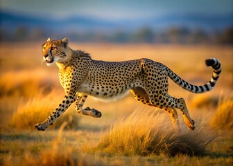 Cheetah in Pursuit: A cheetah sprints across the golden savannah, showcasing its speed and agility with dynamic movement, capturing the essence of the African wilderness.