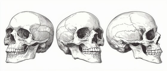 Three detailed anatomical drawings of human skulls, viewed from different angles.  Precise rendering of bone structure