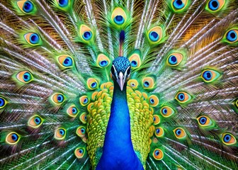Obraz premium Peacock's Regal Display: The majestic peacock showcases its stunning iridescent feathers, fanning them out in a dazzling display of vibrant colors and intricate patterns.