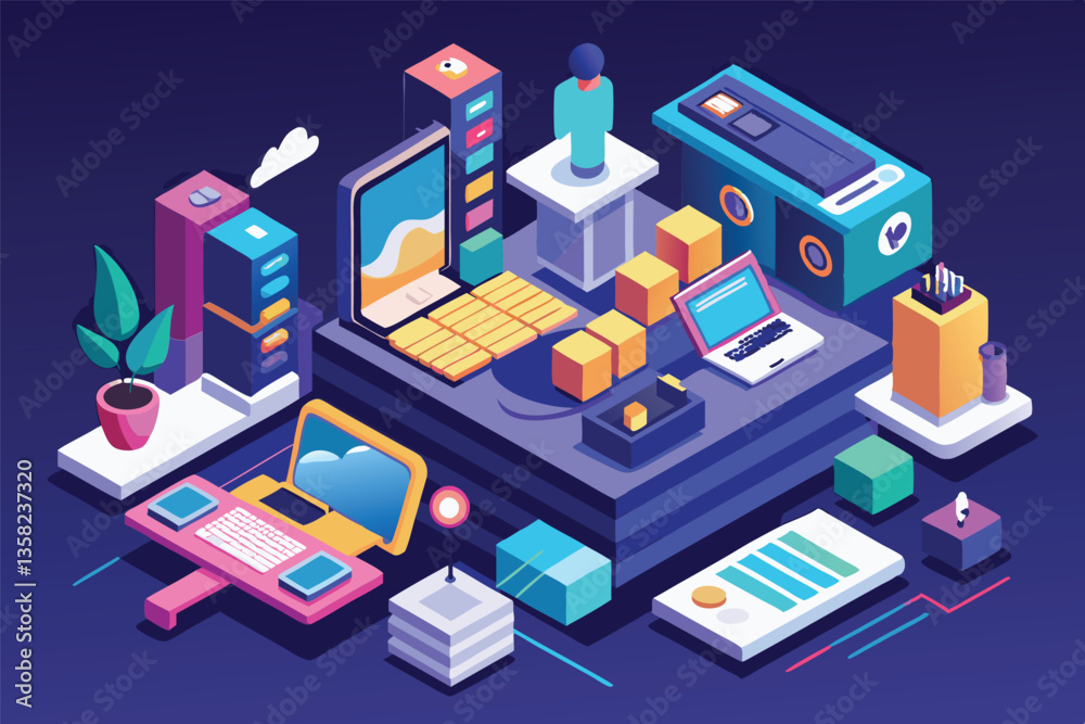 Poster a colorful isometric design displays customizable web setup features such as devices and tools, webs