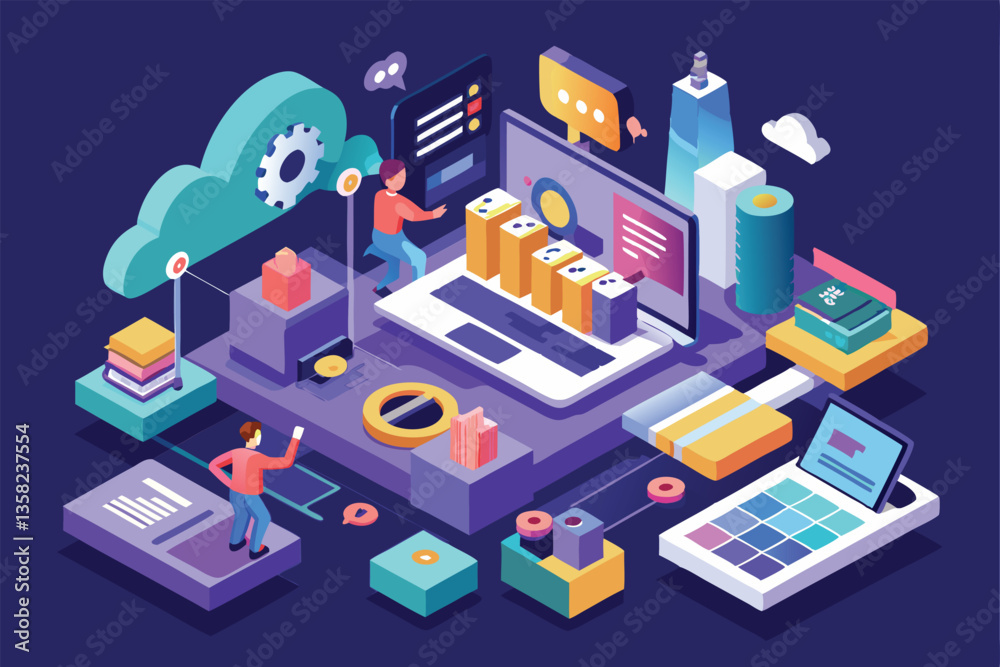 Poster a vibrant isometric illustration depicts a customizable website setup with interactive elements and 