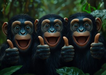 Three chimpanzees show thumbs up and happy faces together