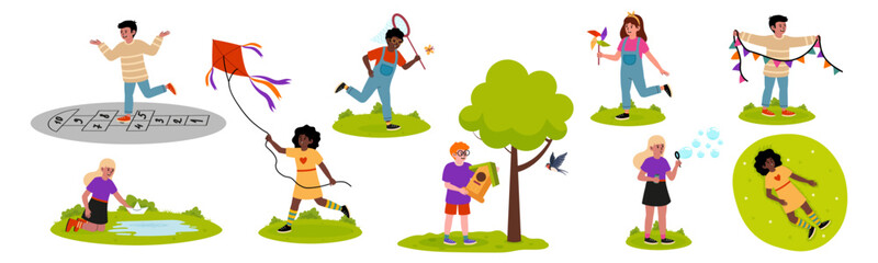 Children engaged in outdoor activities at a park during a sunny day in spring