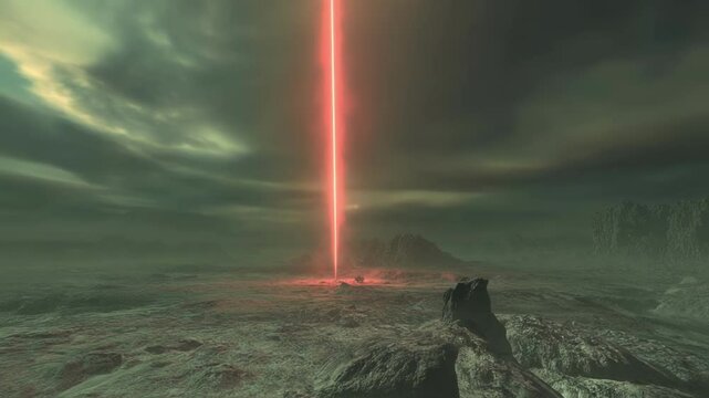 A distant view of a rocky terrain under a swirling ominous sky as bright red laser beams erupt from the ground suggesting a hidden alien base is retaliating against approaching military