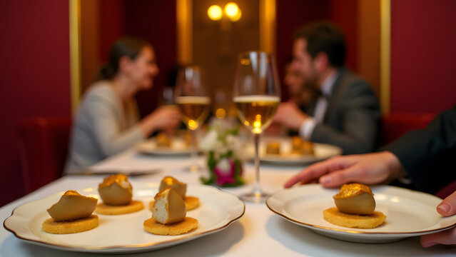 Luxurious foie gras presentation with dessert wine in an intimate fine dining setting. - Powered by Adobe