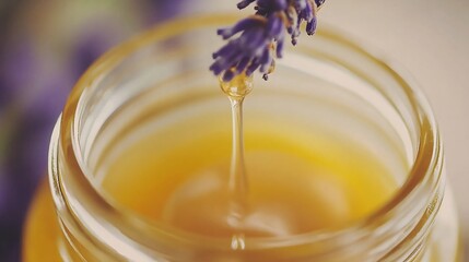 Lavender infused honey dripping jar desaturated apothecary shelf herbal wellness theme
