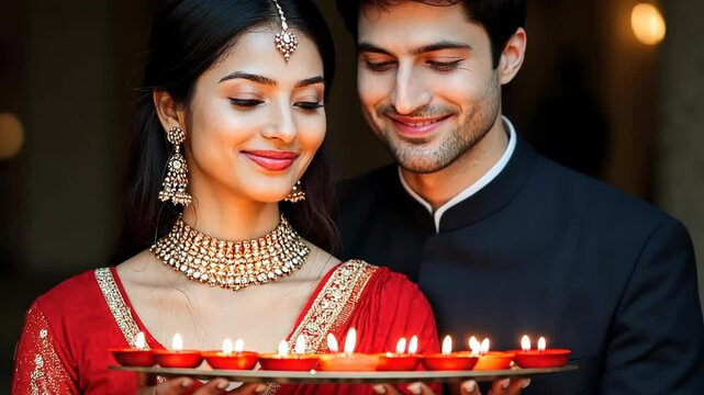 indian Couple holding oil lamps for Diwali celebration video footage. Happy woman and man in love celebrating festival of lights in India. Ethnic holiday motion clip.