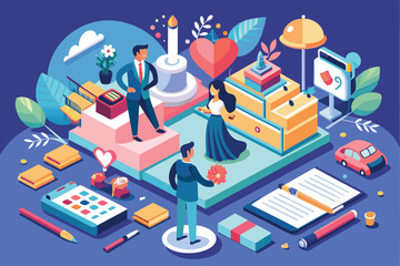 A vibrant isometric design shows couples engaging in wedding planning with decorations and planning tools, Wedding planner Customizable Isometric Illustration