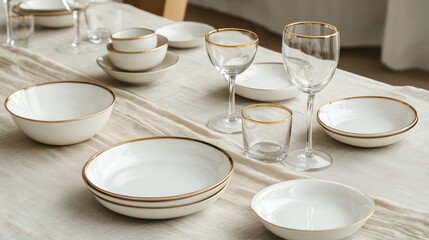 Fototapeta premium A simple yet elegant table composition featuring off-white dishes, gold-rimmed glasses, and a linen runner with muted tones