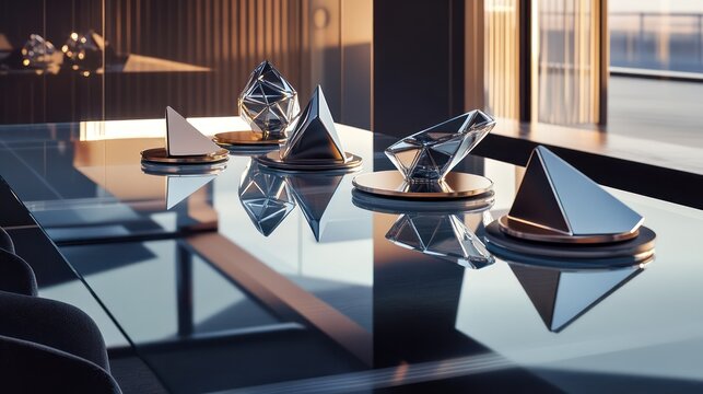 A sleek glass dining table decorated with geometric metallic sculptures and circular coasters in contrasting hues