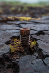 Obraz premium Rusty bolt emerging from cracked earth in a desolate landscape during daylight