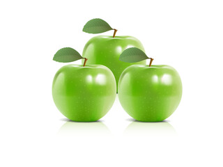 three fresh green apples with green leaves still attached