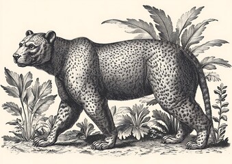 Fototapeta premium A Detailed Engraving Depicting a Spotted Cat Surrounded by Foliage